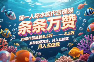 第一人稱水族代言視頻,條條萬贊,20條作品漲粉8.5萬,多種變現方式月,入五位數