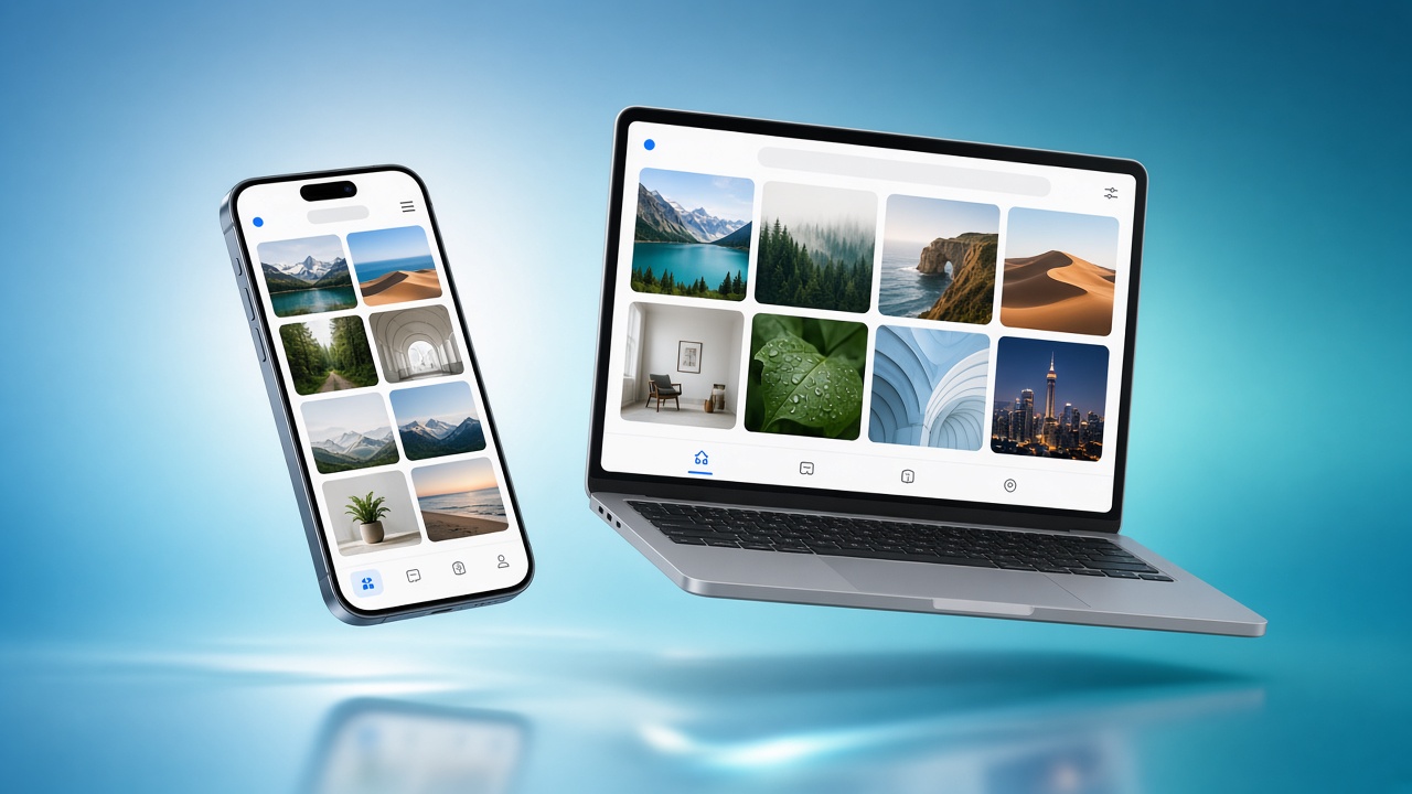 Phone and laptop device mockups on a blue gradient