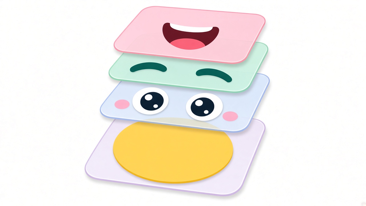 Emoji face built from stacked layers of base, eyes, brows and mouth