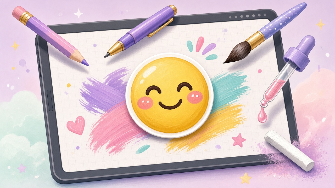 Drawing tools decorating a smiling emoji sticker